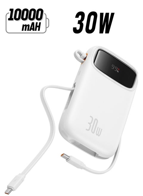10000 mAh Fast Charging Power Bank, 30W Power Delivery with Built-in Dual USB-C Cables & LED Display, Type C Battery Pack for iPhone 15 Series, Samsung S24/S23, iPad and Android Phones and More- White
