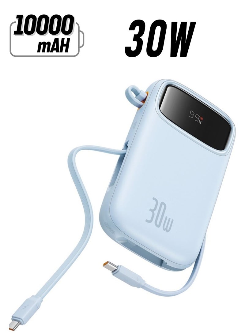 Baseus Fast Charging Power Bank, 30W Power Delivery with Built-in Dual USB-C Cables & LED Display, Type C Battery Pack for iPhone 15 Series, Samsung S24/S23, iPad and Android Phones and More- Blue - Image 1