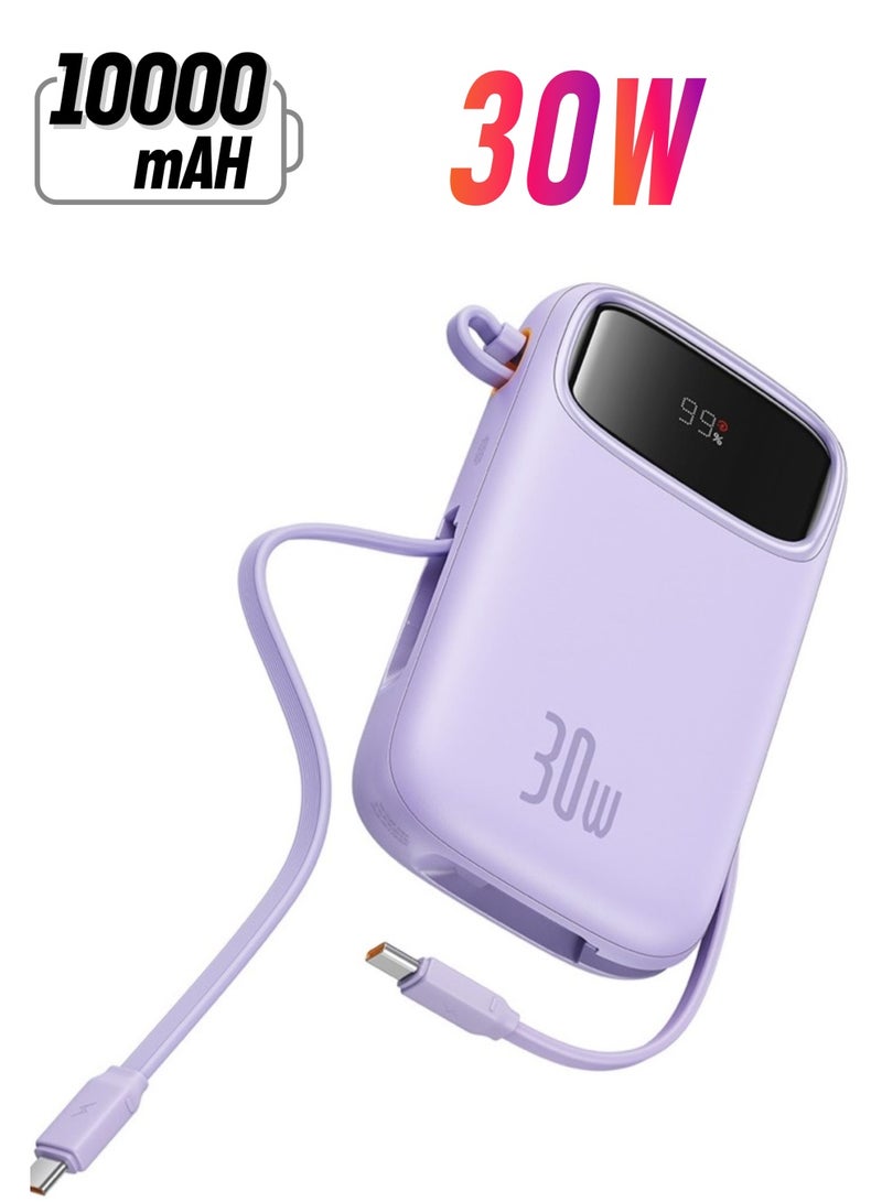 Baseus 10000 mAh Fast Charging Power Bank, 30W Power Delivery with Built-in Dual USB-C Cables & LED Display, Type C Battery Pack for iPhone 15 Series, Samsung S24/S23, iPad and Android Phones and More- Purple  - Image 1