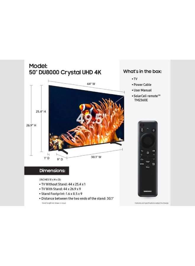 Samsung - 50-Inch Crystal UHD DU8000 4K Smart Tv HDR 10+, Dynamic Crystal Color, AirSlim Design With 2.0 Channel Soundbar 30W, HDMI ARC, Bluetooth, USB, MP3, FM Station 50DU8000+SOUNDBAR Grey - Image 1