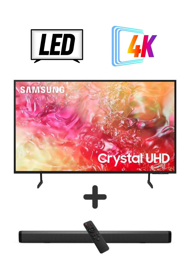 سامسونج 65-Inch Crystal UHD DU7000 4K Tizen OS Smart TV with HDR 10+, PurColor, Knox Security With 2.0 Channel Soundbar 30W, HDMI ARC, Bluetooth, USB, MP3, FM Station 65DU7000+SOUNDBAR Black  - Image 1