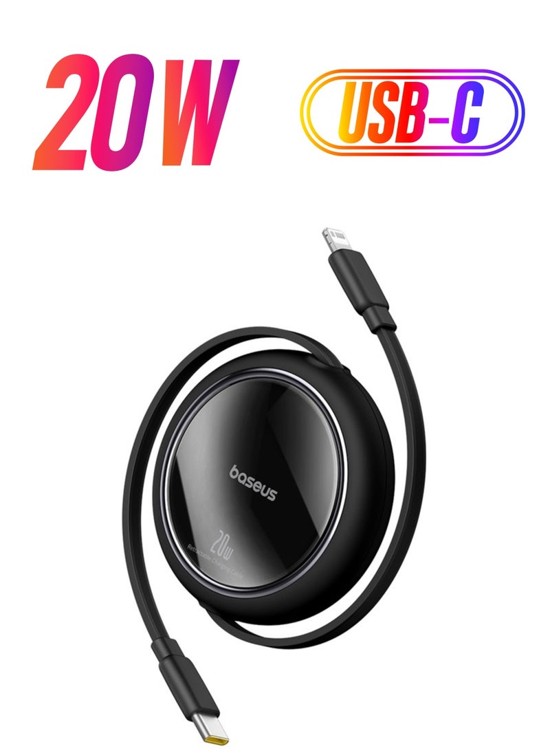 Baseus - 20W Ultra Mini Retractable USB-C to Lightning Fast Charging Cable 4-Stage Length Preset, USB Type-C to Lightning Charger Cable for iPhone 14 Pro Max Plus, 13, 12, iPad, iPad Air, iPad Pro, and Air Pods– Black - Image 1