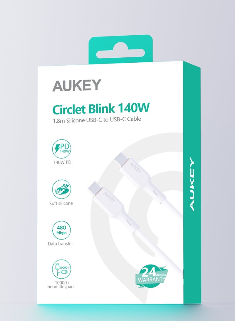 Aukey 1M 140W Silicone USB C to USB C Cable - White - Image 5