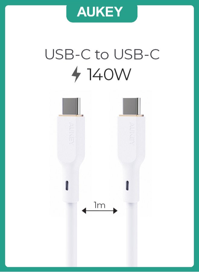 Aukey 1M 140W Silicone USB C to USB C Cable - White - Image 1