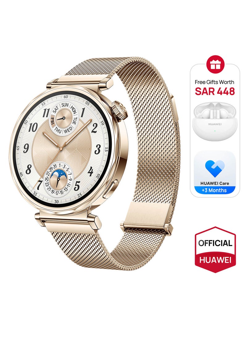 HUAWEI WATCH GT 5 41mm Smartwatch, up to 7 Days Battery Life, All-new Running and Cycling Experience, Sharp-Edged Design, iOS and Android + FreeBuds 5i Earbuds and Extra 3 Months Warranty Gold  - Image 1