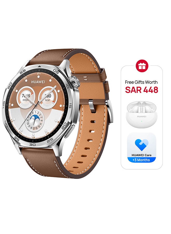 Watch GT 5 46mm Smartwatch, up to 14 Days Battery Life, All-new Running and Cycling Experience, Sharp-Edged Design Watch, Health Tracking, iOS and Android + FreeBuds 5i Earbuds Brown 