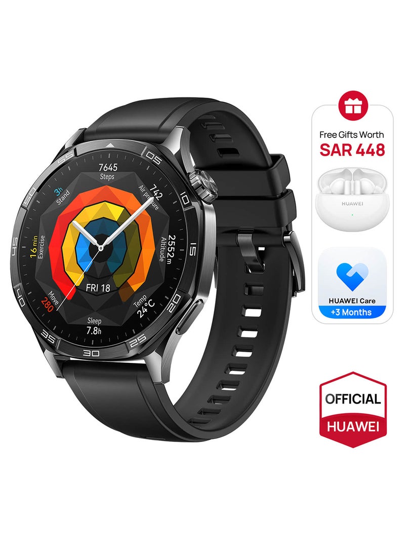 HUAWEI - WATCH GT 5 46mm Smartwatch, up to 14 Days Battery Life, All-new Running and Cycling Experience, Sharp-Edged Design, iOS and Android + FreeBuds 5i Earbuds and Extra 3 Months Warranty Black - Image 1
