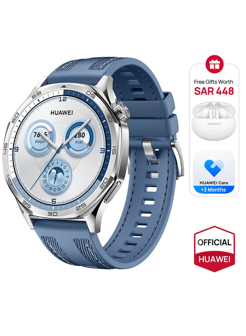 HUAWEI - WATCH GT 5 46mm Smartwatch, up to 14 Days Battery Life, All-new Running and Cycling Experience, Sharp-Edged Design, iOS and Android + FreeBuds 5i Earbuds and Extra 3 Months Warranty Blue - Image 1