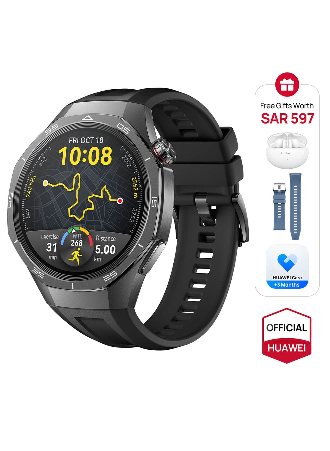 WATCH GT 5 Pro 46mm Smartwatch, Sharp-Edged Design Watch, up to 14 Days Battery Life, Pro-level Sports, iOS and Android + FreeBuds 5i Earbuds + Strap + Extra 3 Months Warranty Black 