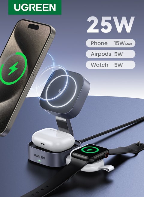 2 In 1 Magnetic Wireless Charger Foldable and Portable for iPhone 16 15 Series /Airpods Charger Wireless Qi For Smart Watch Compatible with Apple iWatch Huawei GT Xiaomi Sport Bluetooth Earbuds Headphones Black