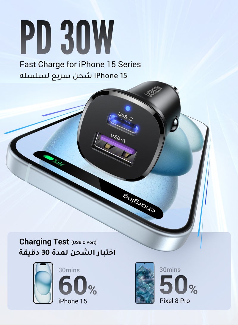 Ugreen 30W Car Charger Type C Dual Ports USB Car Adapter Fast Charging Fireproof Material USB A+ USB C Compatible With PD3.0 PPS QC4.0 iPhone 16 15 14 Pro Max Samsung Galaxy S23 S22 S21 Ultra Huawei Xiaomi Black - Image 2