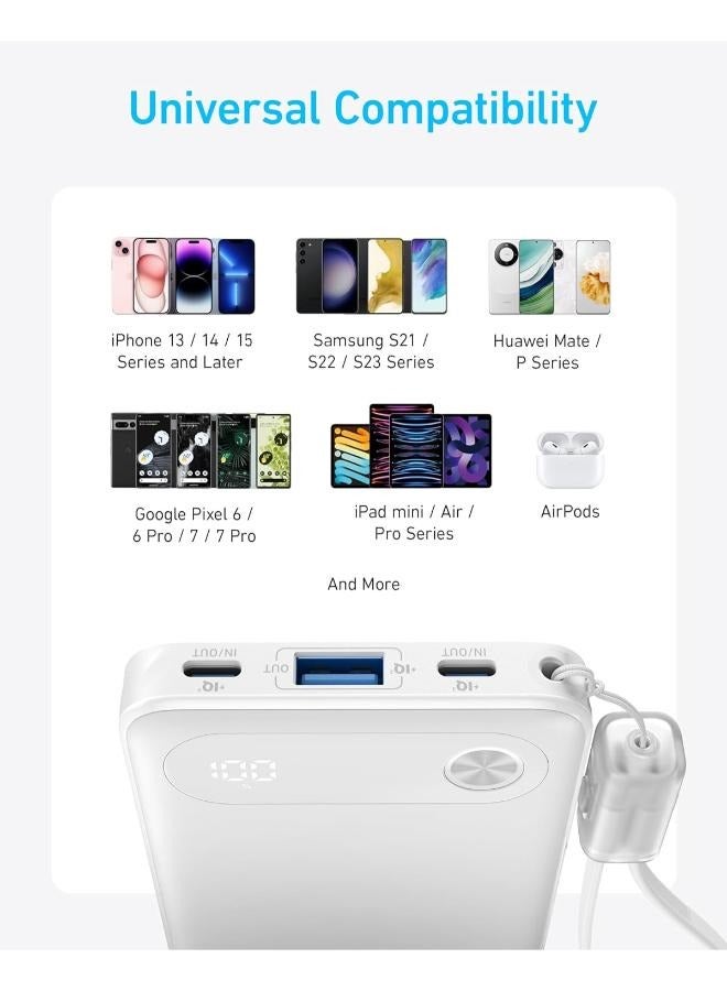 Anker - 10000 mAh Power Bank, 10,000mAh Portable Charger with Built-in USB-C Cable and Lanyard, 22.5W Max Output with 2 USB-C and 1 USB-A Port, Battery Pack for iPhone 15/14, Galaxy S23, iPad, AirPods, and More White - Image 1
