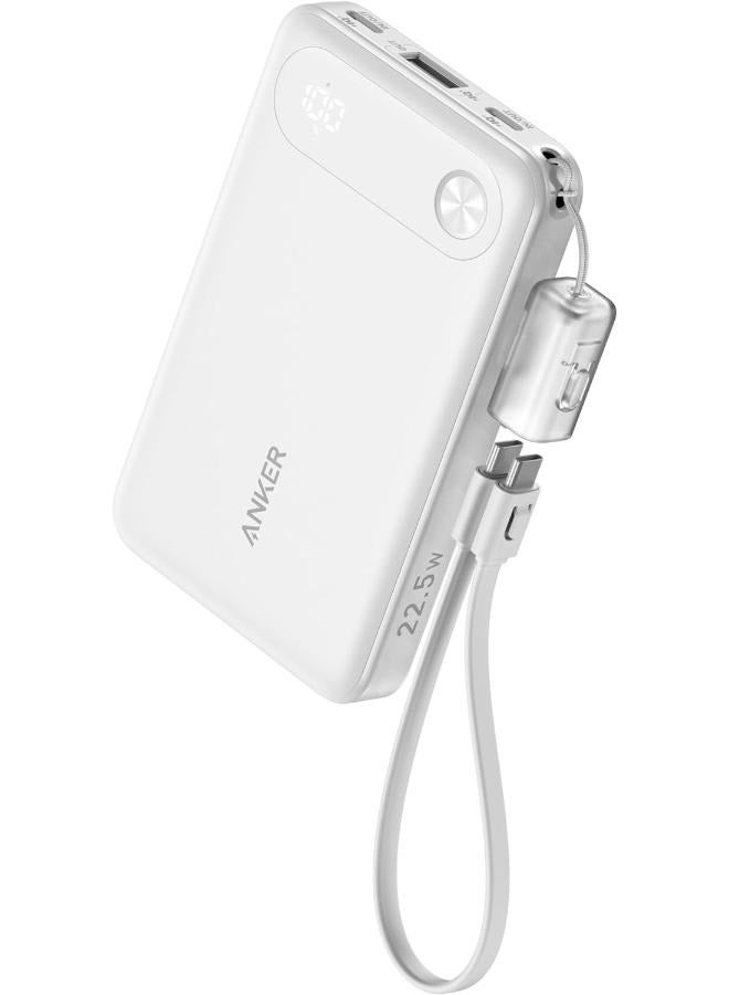 Anker - 10000 mAh Power Bank, 10,000mAh Portable Charger with Built-in USB-C Cable and Lanyard, 22.5W Max Output with 2 USB-C and 1 USB-A Port, Battery Pack for iPhone 15/14, Galaxy S23, iPad, AirPods, and More White - Image 1