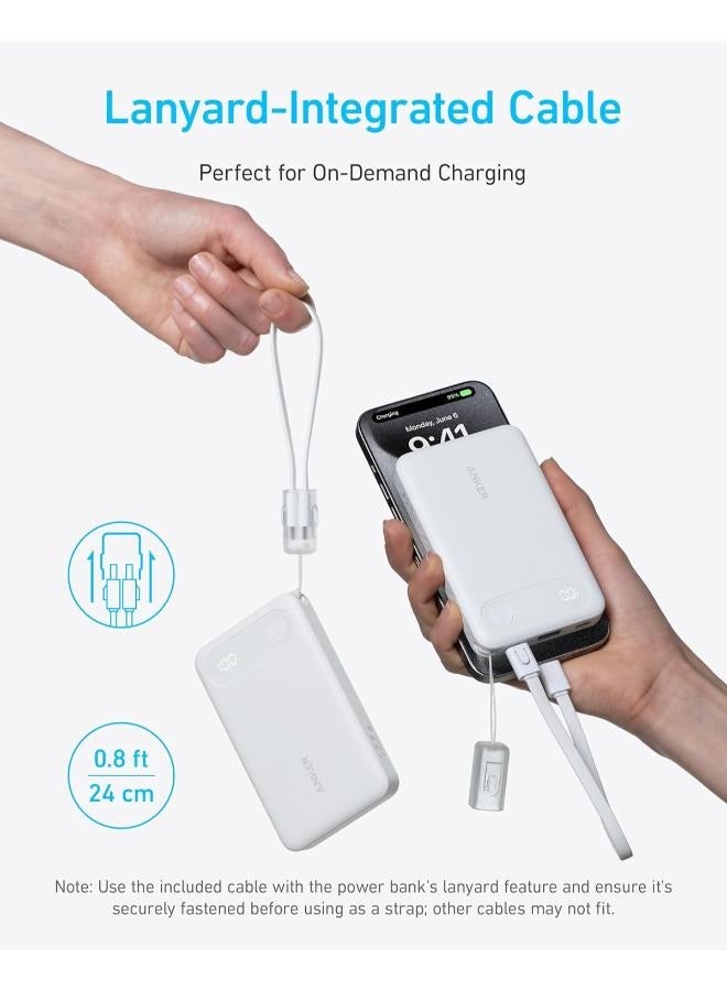 Anker - 10000 mAh Power Bank, 10,000mAh Portable Charger with Built-in USB-C Cable and Lanyard, 22.5W Max Output with 2 USB-C and 1 USB-A Port, Battery Pack for iPhone 15/14, Galaxy S23, iPad, AirPods, and More White - Image 1