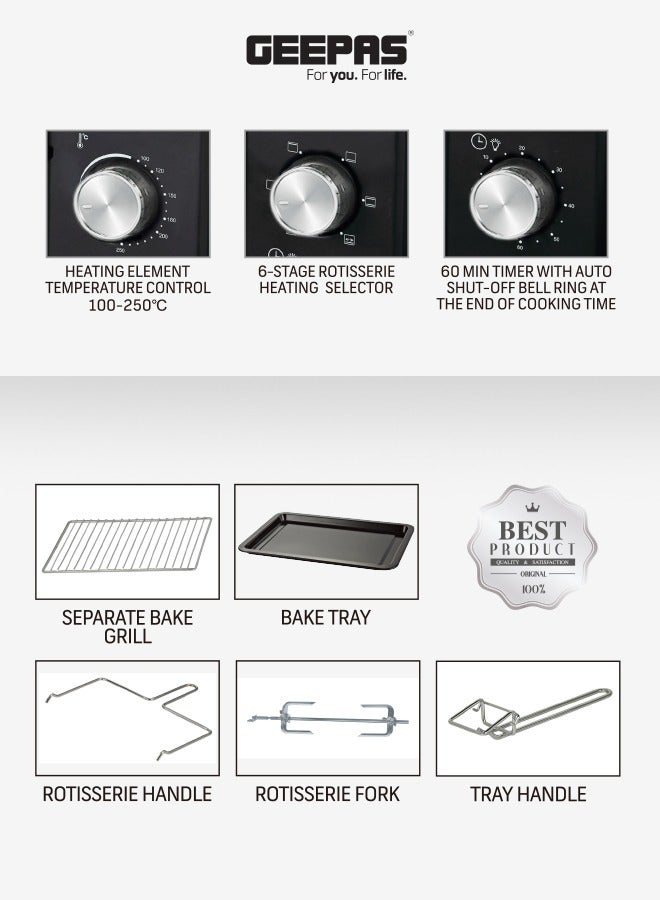 GEEPAS Electric Oven With Rotisserie, 6 Stages Heating Selector,4pcs High-Efficiency SS Heating Element, Grill Bake & Roast And Power Indicator Light, 60 Mins Timer & Shut Off Bell 25 L 1600 W GO34040 Black/Silver  - Image 5