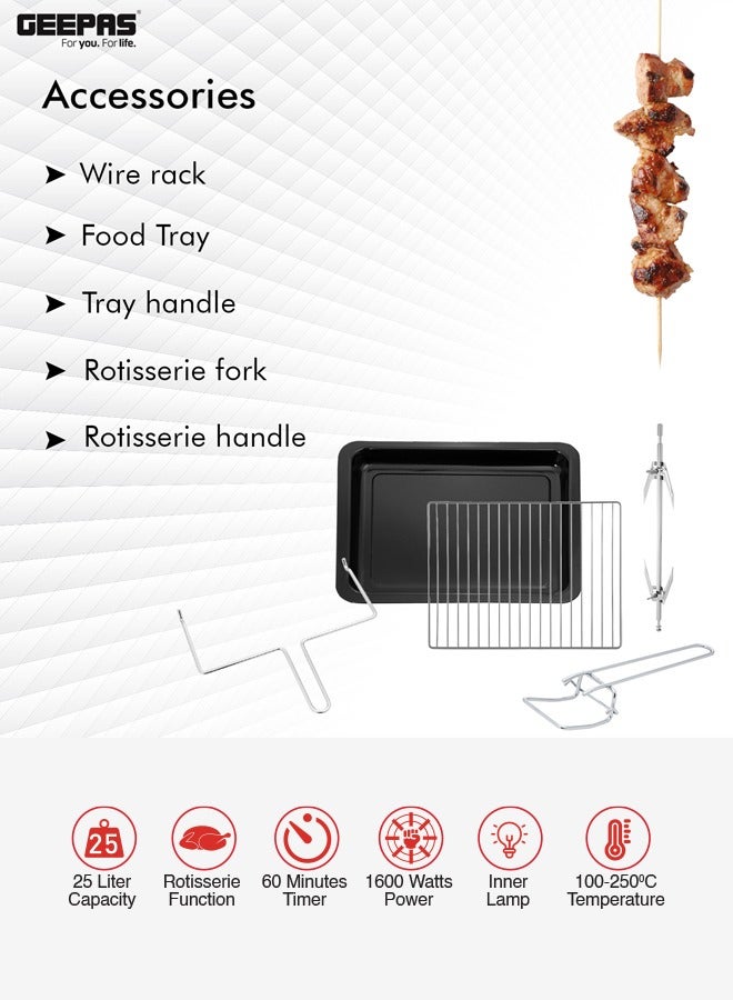 GEEPAS Electric Oven With Rotisserie, 6 Stages Heating Selector,4pcs High-Efficiency SS Heating Element, Grill Bake & Roast And Power Indicator Light, 60 Mins Timer & Shut Off Bell 25 L 1600 W GO34040 Black/Silver  - Image 4