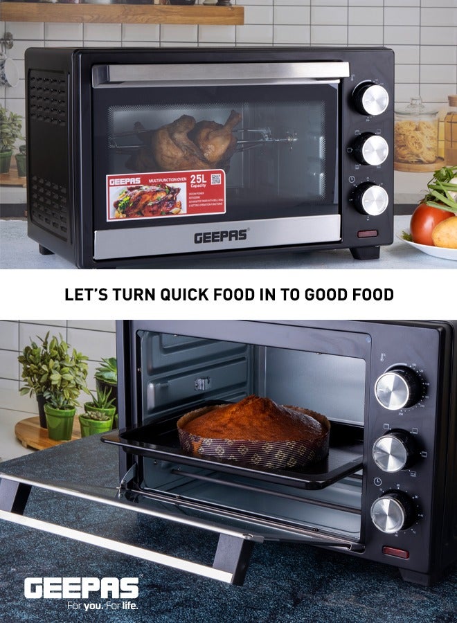 GEEPAS Electric Oven With Rotisserie, 6 Stages Heating Selector,4pcs High-Efficiency SS Heating Element, Grill Bake & Roast And Power Indicator Light, 60 Mins Timer & Shut Off Bell 25 L 1600 W GO34040 Black/Silver  - Image 3