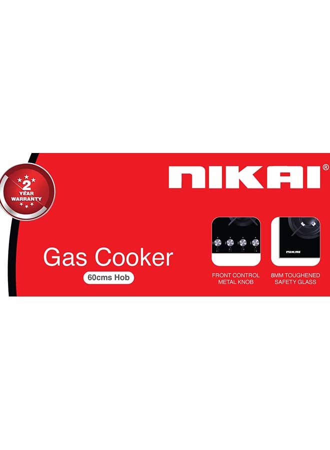 Nikai 4 Burner 60CM Built-in Gas Hob, with 1 Triple Ring Burner, Metal Knob, 8mm Thick Glass Surface, NGH3001G Black - Image 3