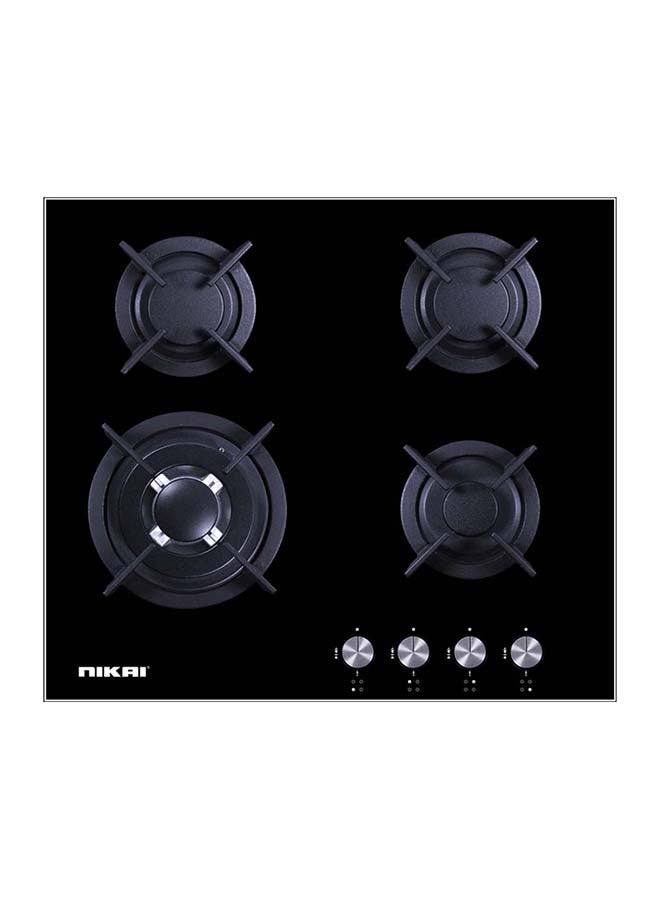 Nikai 4 Burner 60CM Built-in Gas Hob, with 1 Triple Ring Burner, Metal Knob, 8mm Thick Glass Surface, NGH3001G Black - Image 1