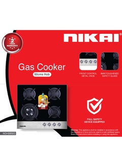 NIKAI Nikai 4 Burner 60CM Built-in Gas Hob, with 1 Triple Ring Burner, 8mm Thick Glass Surface, Metal Knob, NGH3002G Black  - Image 2