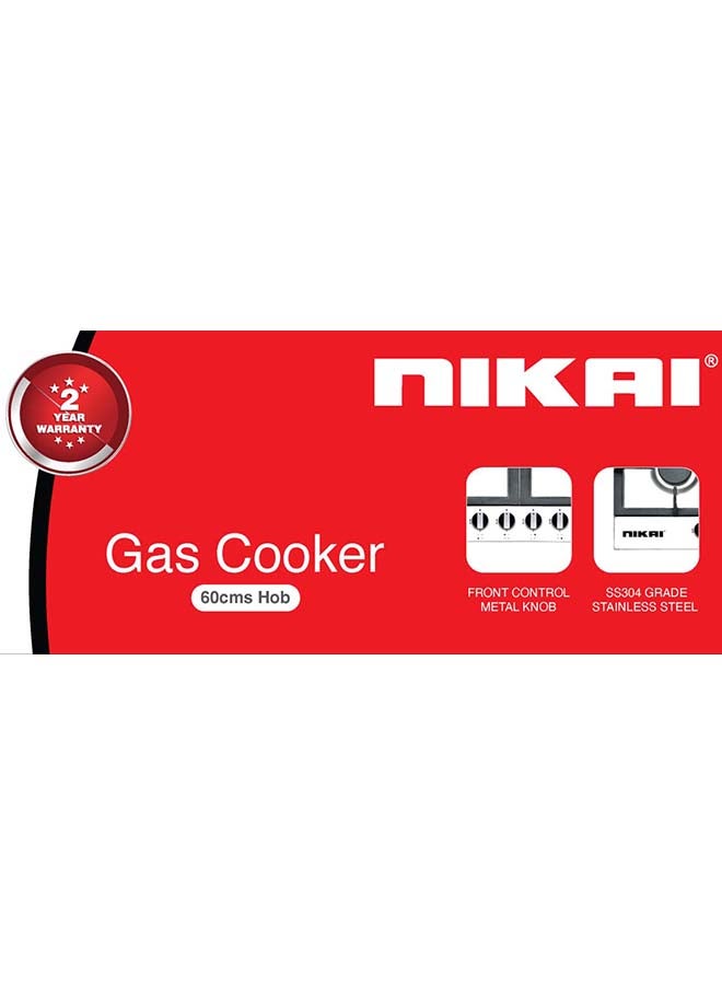 NIKAI - Nikai 4 Burner 60CM Built-in Gas Hob, with 1 Triple Ring Burner, Metal Knob, Stainless Steel Surface, NGH303SS Silver - Image 1