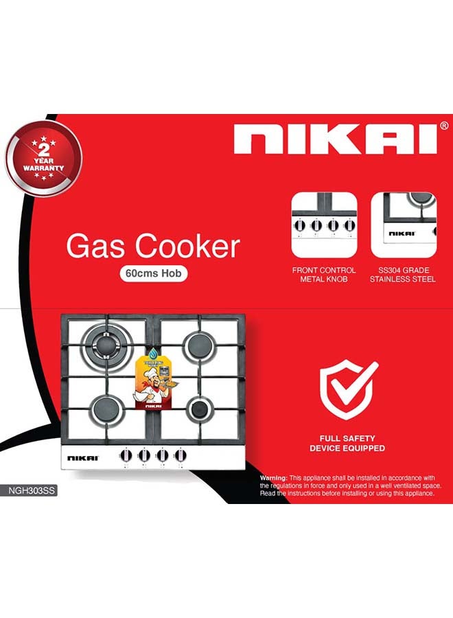 NIKAI - Nikai 4 Burner 60CM Built-in Gas Hob, with 1 Triple Ring Burner, Metal Knob, Stainless Steel Surface, NGH303SS Silver - Image 1