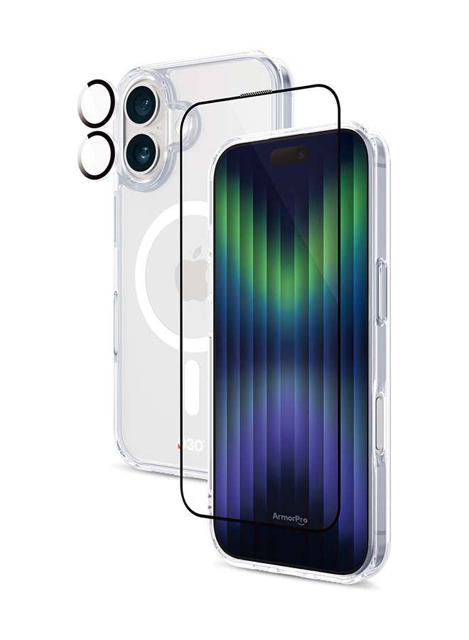 ArmorPro D3O 3-in-1 Combo for iPhone 16 (6.1" 2024) HD tempered glass screen protector camera lens protector and D3O shock absorbing clear MagSafe case for enhanced drop protection Clear - Image 1