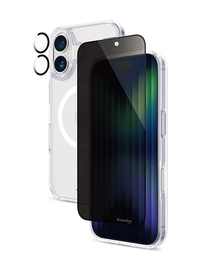 ارمور برو مجموعة الخصوصية 3 في 1 من D3O لهاتف آيفون 16 (6.1" 2024) واقي عدسة الكاميرا من الزجاج المقسى للخصوصية وحافظة D3O الشفافة مع فلتر مضاد للتجسس ومقاومة للصدمات - Image 1