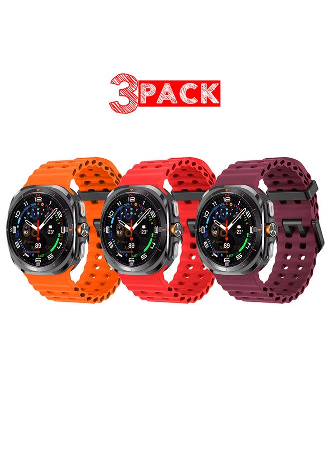 MARGOUN - (for Samsung Galaxy Watch 7 Ultra) 3 Pack Silicone Band Soft Ocean Silicone Sport Strap Replacement Accessory Orange/Red/Maroon - Image 1