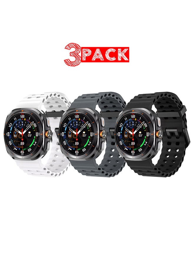 MARGOUN (for Samsung Galaxy Watch 7 Ultra) 3 Pack Silicone Band Soft Ocean Silicone Sport Strap Replacement Accessory Black/Dark Grey/White - Image 1