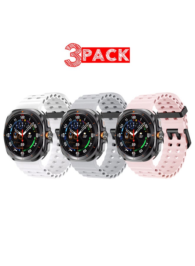MARGOUN (for Samsung Galaxy Watch 7 Ultra) 3 Pack Silicone Band Soft Ocean Silicone Sport Strap Replacement Accessory Grey/Pink/White - Image 1