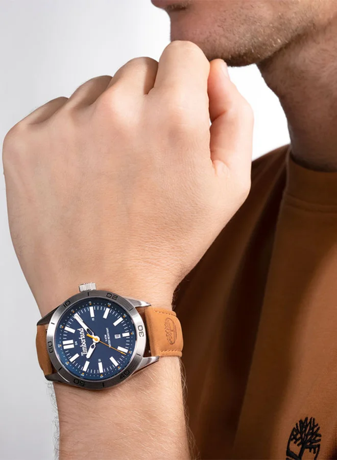 Timberland Men's Hillsboro Men's Watch 44mm Analog Blue Dial Tan Leather Strap