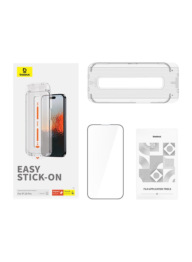 Baseus Sapphire Series Full-Coverage HD Tempered Glass Screen Protector (with Built-in Dust Filter) for iPhone 16 Pro (Pack of 1, with cleaning kit and dust-proof installation tool) Clear  - Image 1
