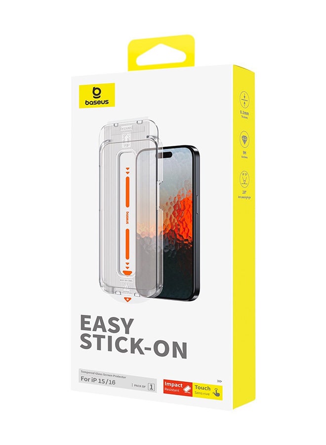 Baseus Sapphire Series HD Tempered-Glass Screen Protector (with Built-in Dust Filter) for iPhone 15/16 (Pack of 1, with cleaning kit and dust-proof installation tool) Clear  - Image 1