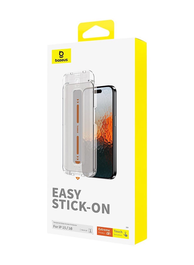 Baseus Sapphire Series Privacy Protection Tempered Glass Screen Protector (with Built-in Dust Filter) for iPhone 15/16 (Pack of 1, with cleaning kit and dust-proof installation tool) Clear - Image 1