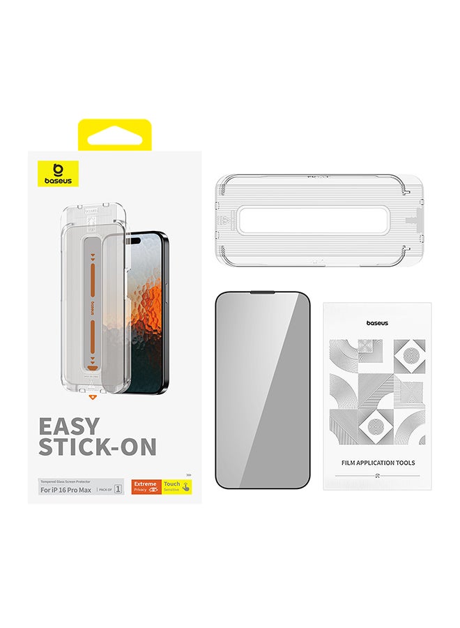 Baseus Sapphire Series Full-Coverage Privacy Protection Tempered Glass Screen Protector (with Built-in Dust Filter) for iPhone 16 Pro (Pack of 1, with cleaning kit and dust-proof installation tool) Clear - Image 1