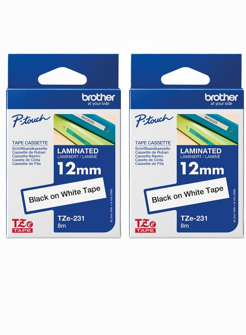 بروذر TZe-231 Labelling Tape Cassette, 12 mm (W) x 8 m (L), Laminated, Brother Genuine Supplies - Black On White-2 Pack White  - Image 1
