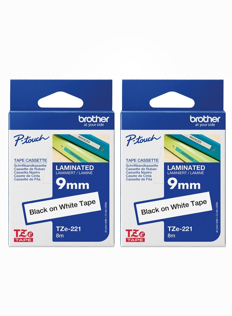brother Laminated Tape for P-Touch Labelers, 8m x 9mm Black on White, Ideal for Smooth, Flat Surfaces, For Indoor and Outdoor Use | TZE-221|2 Pack white  - Image 1