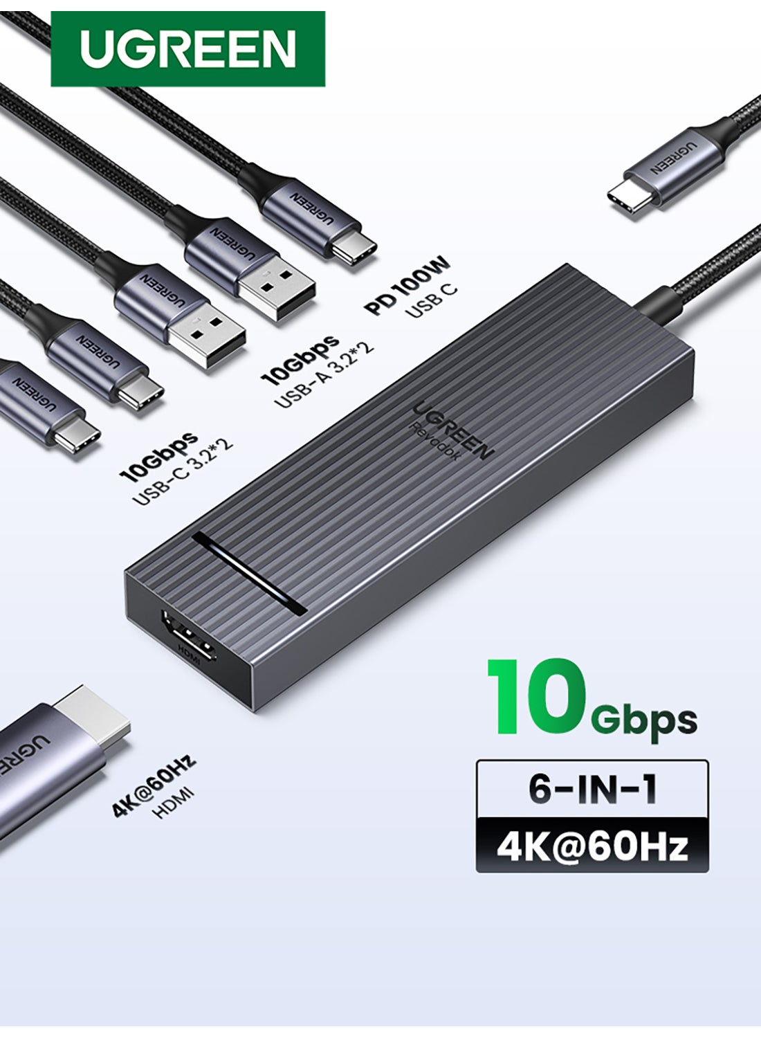 يو جرين موزع يو اس بي سي 6 في 1 من تايب سي إلى محول HDMI 4k@60Hz واط PD 100  شحن سريع منفذان USB C 3.2 10Gbps +  منفذان USB A 3.0 متوافق مع ايفون 16 برو ماكس ماك بوك اير /برو ايباد برو لينوفو ثينك باد جالاكسي 