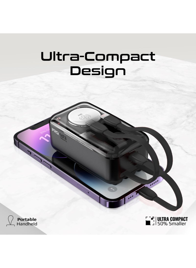 بروميت 10000 mAh Transparent Power Bank With Built-In Cables, 35W Usb-C PD Cable, 12W Lightning Cord, USB-C In/Out Port And 3W Smartwatch Charger, Mavrix Black  - Image 1