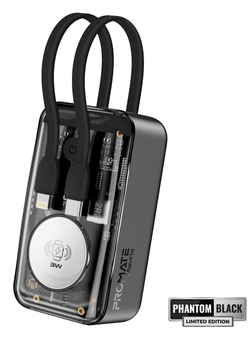 بروميت 10000 mAh Transparent Power Bank With Built-In Cables, 35W Usb-C PD Cable, 12W Lightning Cord, USB-C In/Out Port And 3W Smartwatch Charger, Mavrix Black  - Image 3