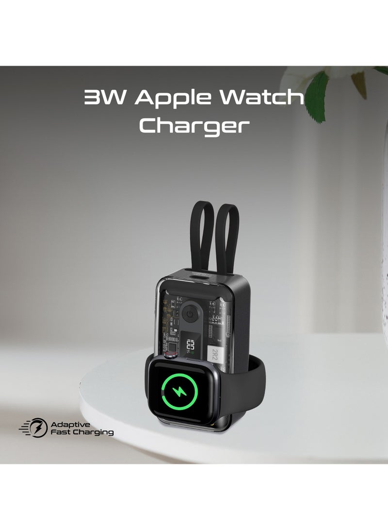 بروميت 10000 mAh Transparent Power Bank With Built-In Cables, 35W Usb-C PD Cable, 12W Lightning Cord, USB-C In/Out Port And 3W Smartwatch Charger, Mavrix Black  - Image 5