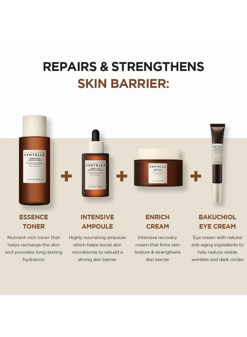 skin1004 - Madagascar Centella Probio-Cica Complete Care Set: Intensive Ampoule, Essence Toner, Enrich Cream, and Bakuchiol Eye Cream 355ml - Image 1