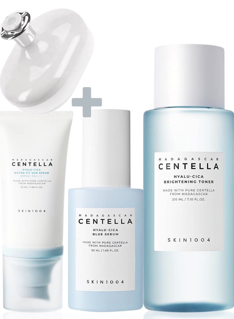 SKIN1004 Madagascar Hyalu-Cica Water-fit Sun Serum 50ml, Centella Hyalu-Cica Brightening Toner 210ml, & Blue Serum 50ml & face scrubber | Hydrating, Brightening, and Soothing Skincare Set 310ml - Image 1