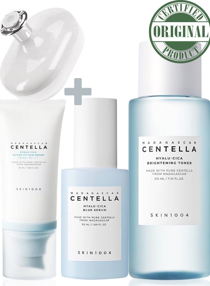 SKIN1004 Madagascar Hyalu-Cica Water-fit Sun Serum 50ml, Centella Hyalu-Cica Brightening Toner 210ml, & Blue Serum 50ml & face scrubber | Hydrating, Brightening, and Soothing Skincare Set 310ml - Image 2