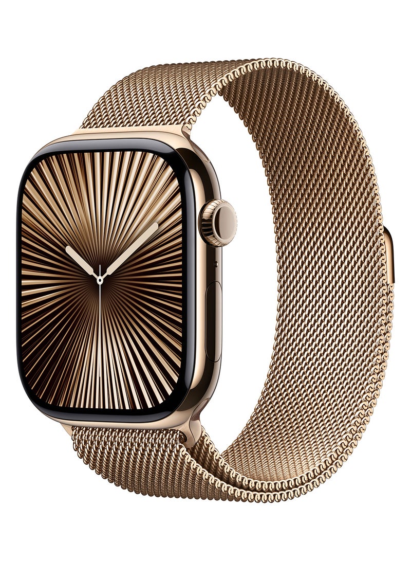Apple - Watch Series 10 GPS + Cellular 46mm Gold Titanium Case With Gold Milanese Loop - Image 1