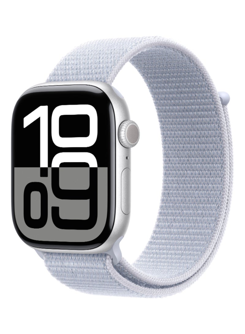 Apple - Watch Series 10 GPS + Cellular 42mm Silver Aluminium Case With Blue Cloud Sport Loop - Image 1