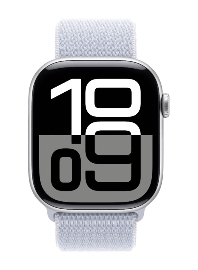 Apple - Watch Series 10 GPS + Cellular 42mm Silver Aluminium Case With Blue Cloud Sport Loop - Image 1