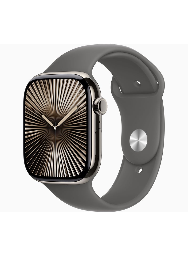 Apple - Watch Series 10 GPS + Cellular 42mm Natural Titanium Case With Stone Grey Sport Band - Image 1