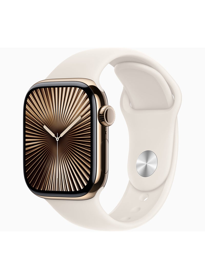 Apple - Watch Series 10 GPS + Cellular 42mm Gold Titanium Case With Starlight Sport Band - Image 1